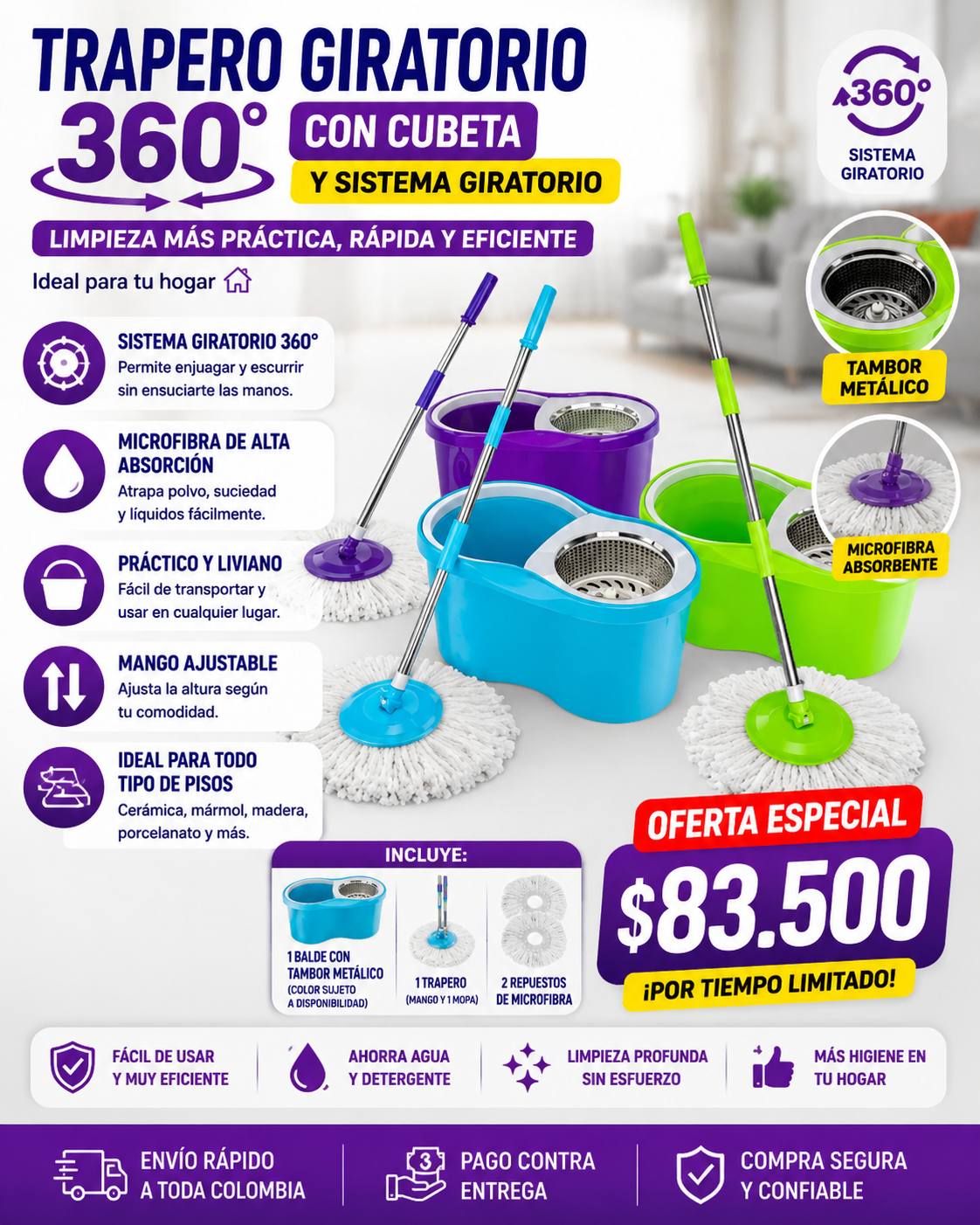 🔥[PROMO] Trapero Giratorio 360 Trapeador Valde