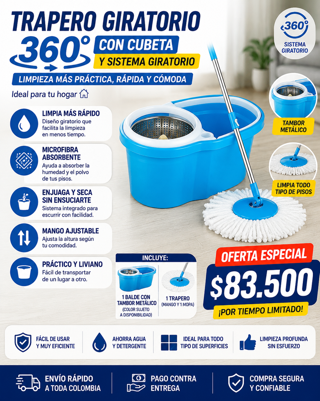 🔥[PROMO] Trapero Giratorio 360 Trapeador Valde